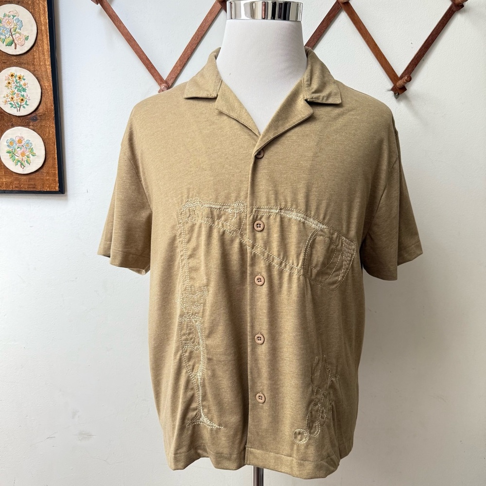 NWT Champagne Bottle Glass Embroidered Button Up Tan Shirt